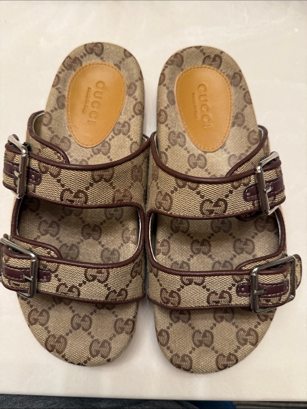 Gucci Brown GG Canvas Kids Double Buckle Sandals